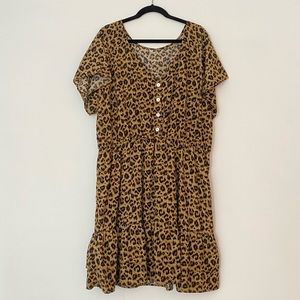 Plus Size V-Neck Leopard Print Button A-Line Dress